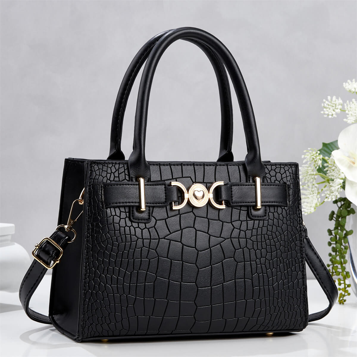 Croc-Embossed Shoulder Handbag - Image 3