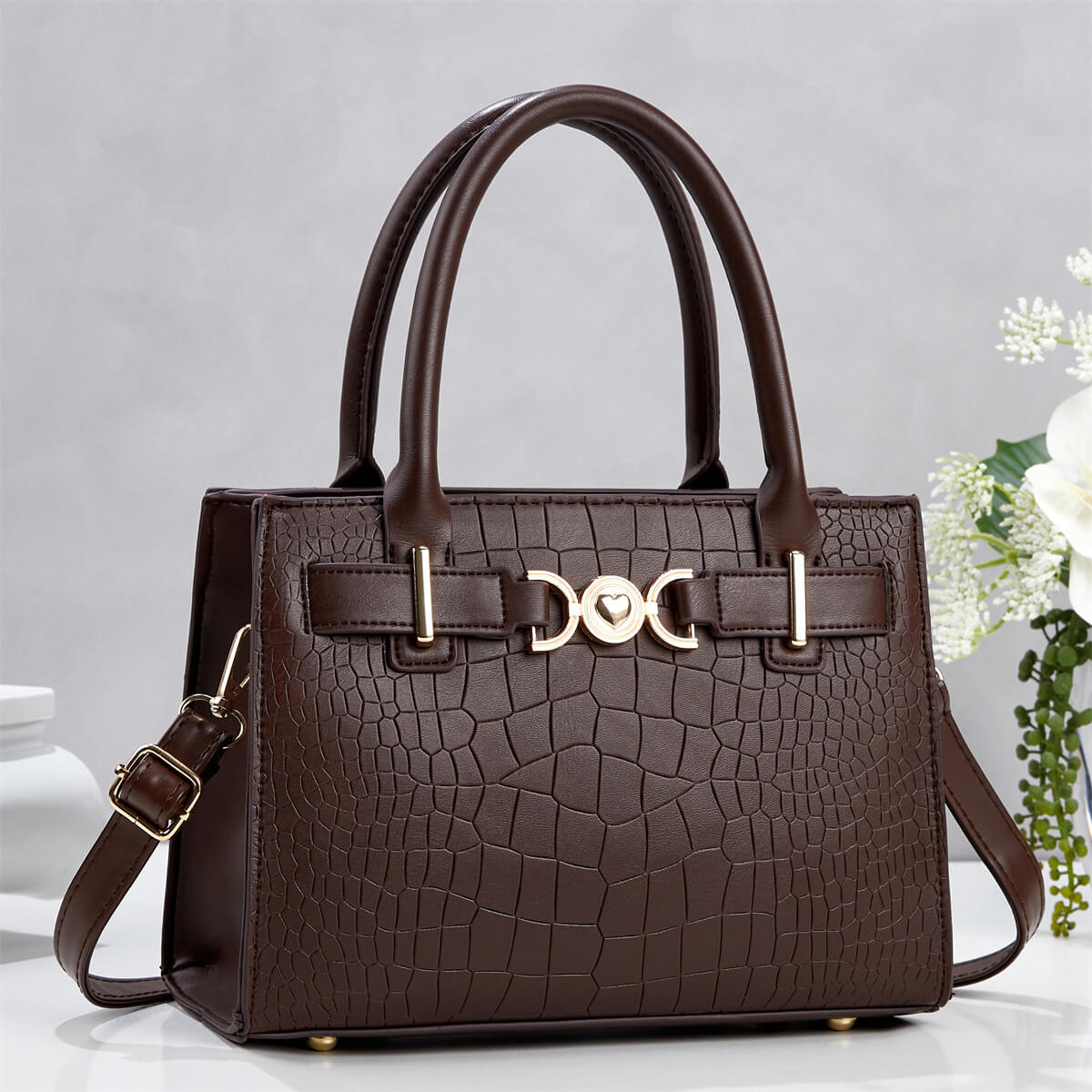 Croc-Embossed Shoulder Handbag - Image 4