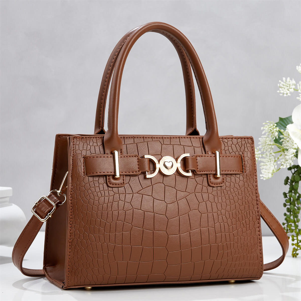 Croc-Embossed Shoulder Handbag - Image 6