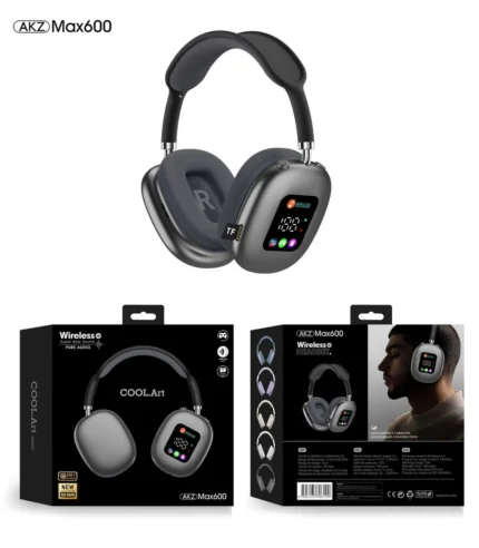 AKZ MAX600 wireless over-ear Bluetooth headphones with RGB display