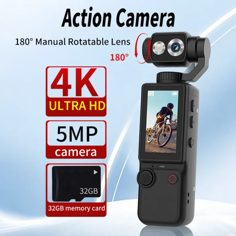 Q8 handheld sports camera with rotating lens and mounting bracket