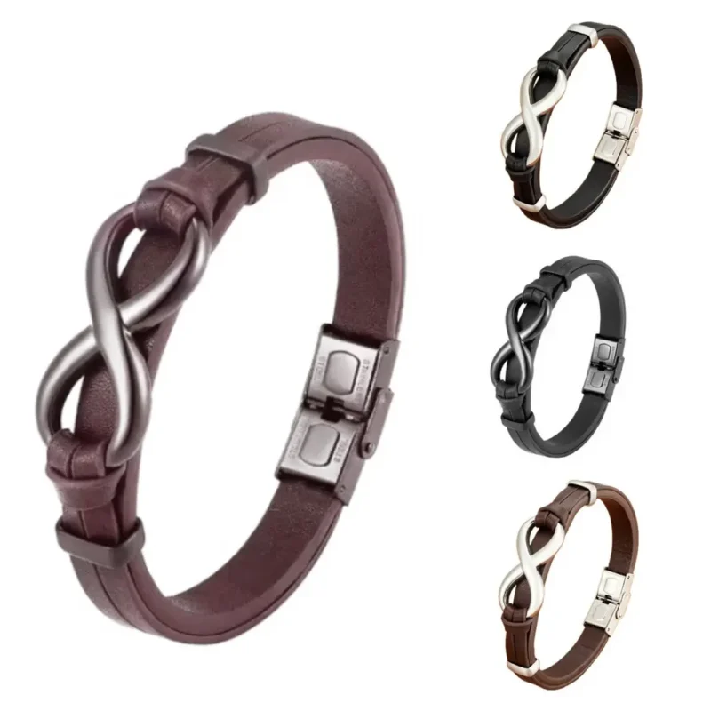 Men's leather bracelet with figure-eight stainless steel clasp