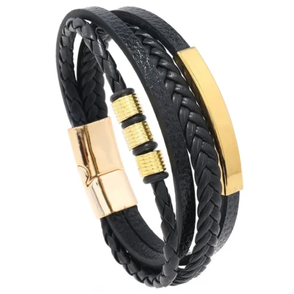 Men's multilayer braided leather bracelet with magnetic clasp