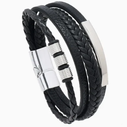 Men's multilayer braided leather bracelet with magnetic clasp
