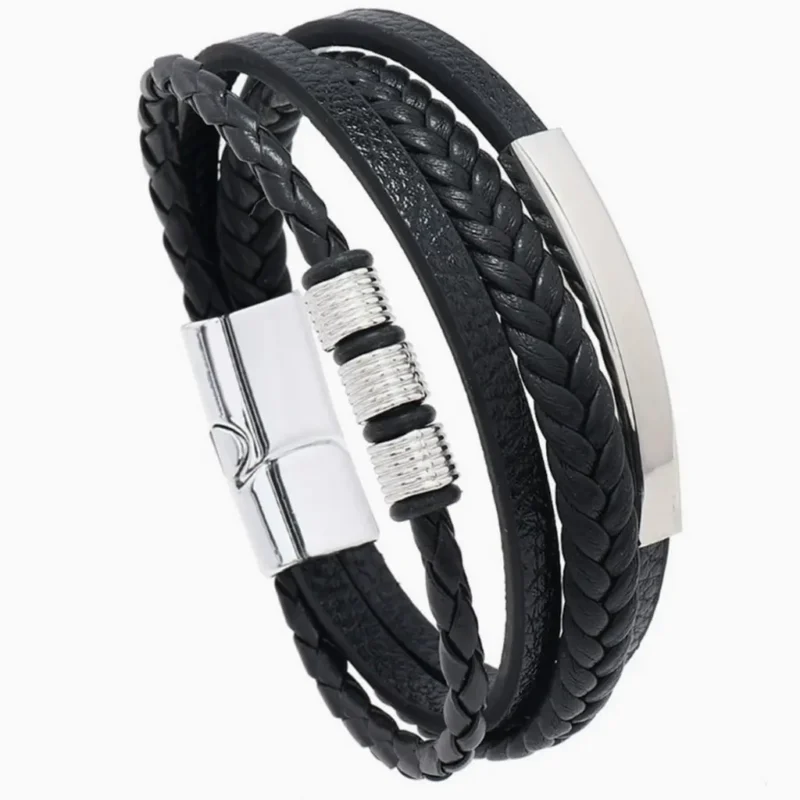 Men's multilayer braided leather bracelet with magnetic clasp