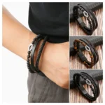 Men's braided leather bracelet with natural tiger eye stone beads