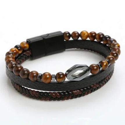 Men's braided leather bracelet with natural tiger eye stone beads