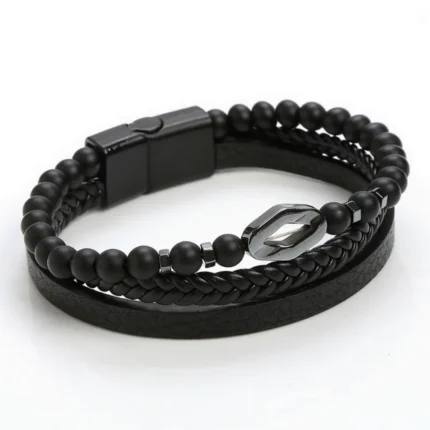 Men's braided leather bracelet with natural tiger eye stone beads