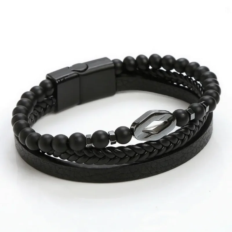 Men's braided leather bracelet with natural tiger eye stone beads