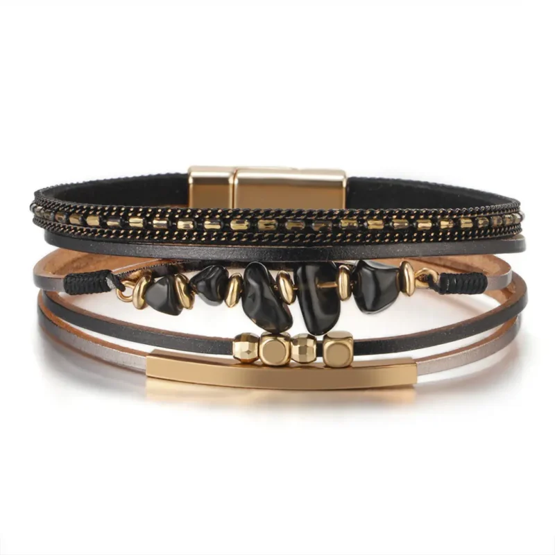 Women's bohemian natural stone bracelet with magnetic clasp and copper tube accents