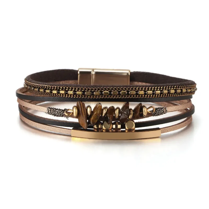 Women's bohemian natural stone bracelet with magnetic clasp and copper tube accents