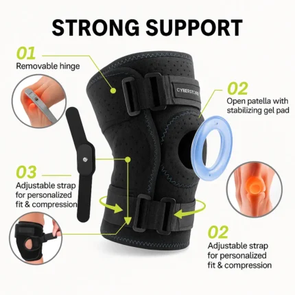 Hinged knee brace with fastening support straps