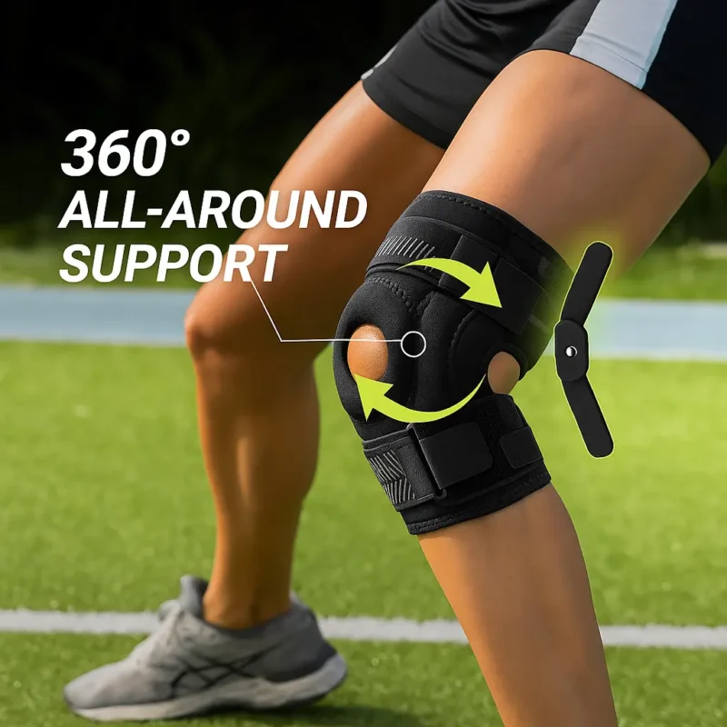 Hinged knee brace with fastening support straps